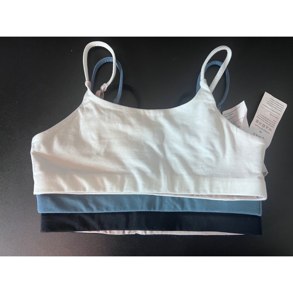 Quince Kids Organic Cotton Stretch Reversible Bralette 3-Pk Blk/Wht/Blu Size 10 - Picture 3 of 5